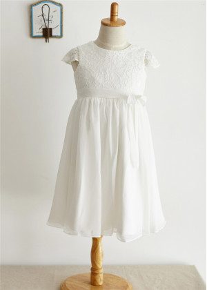 Cap Sleeves Ivory Lace Chiffon Knee Length Flower Girl Dress